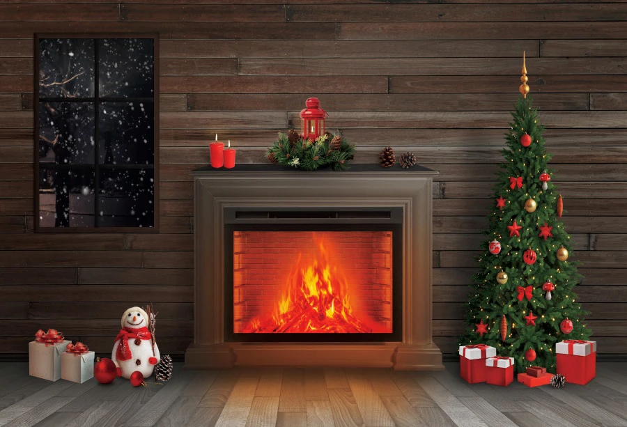 Laeacco เตาผิง Christmas Tree ไวนิลพื้นหลังไม้บอร์ดเด็กชั้นเด็กภายในการถ่ายภาพโปสเตอร์ฉากหลัง Photo Studio