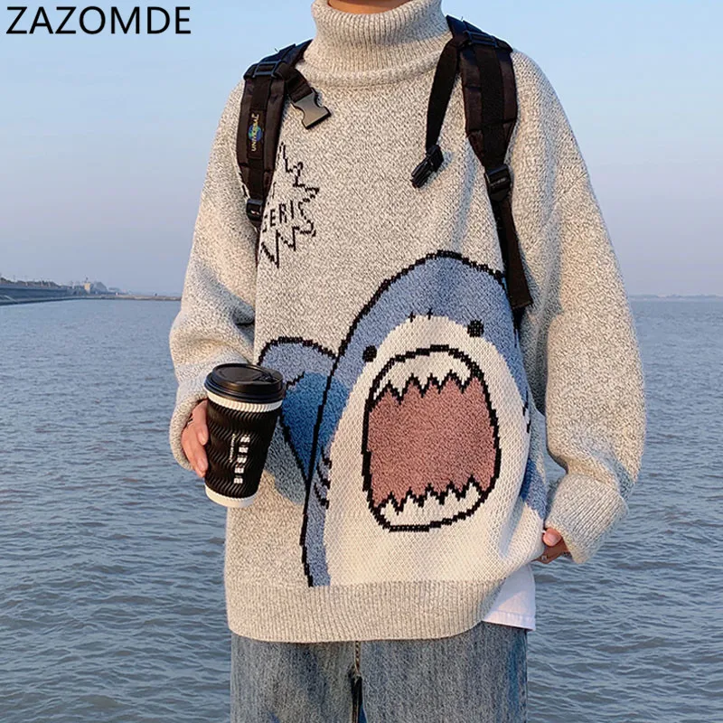 ZAZOMDE Men Turtlenecks Shark Sweater Men 2023 Winter Patchwor Harajuku Korean Style High Neck Oversized Grey Turtleneck For Men