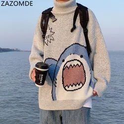 ZAZOMDE-suéter masculino de gola alta de tubarão, retalhos de harajuku, estilo coreano, gola alta, gola alta cinza extragrande, inverno, 2023