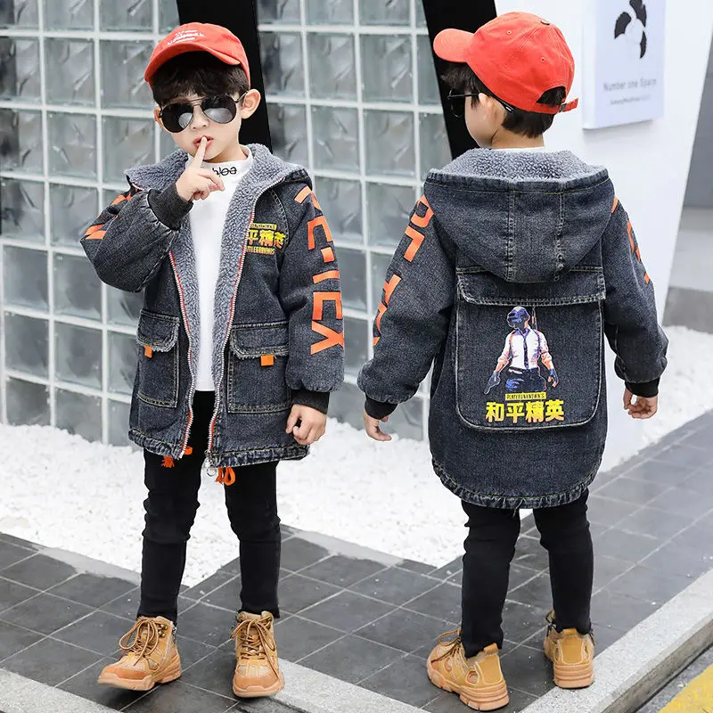 Denim Jacket Boys 2024 Autumn Winter Fashion Cartoon Plus Velvet Hooded Warm Trench Coat Children\'s Outerwear Teenager Clothes