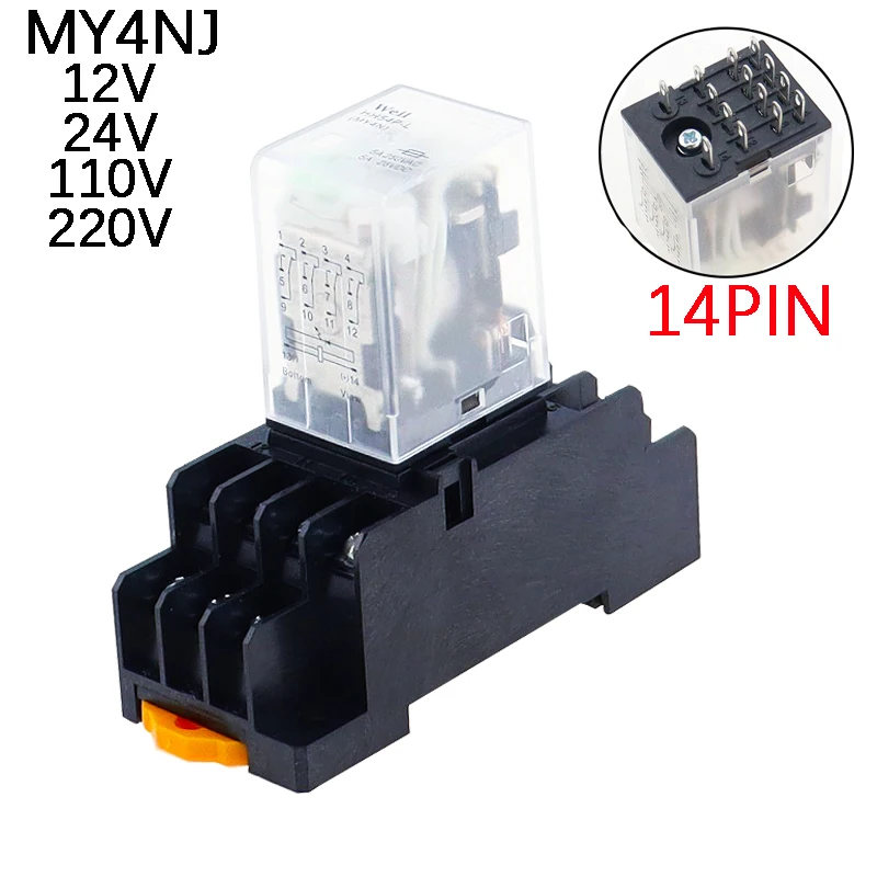 HH54P MY4NJ przekaźnik wtykowy PYF14A DC 12v 24v 36v 48v 110v 220v DC/AC 5A srebrny styk 14-pinowe gniazdo przekaźnika 4PDT
