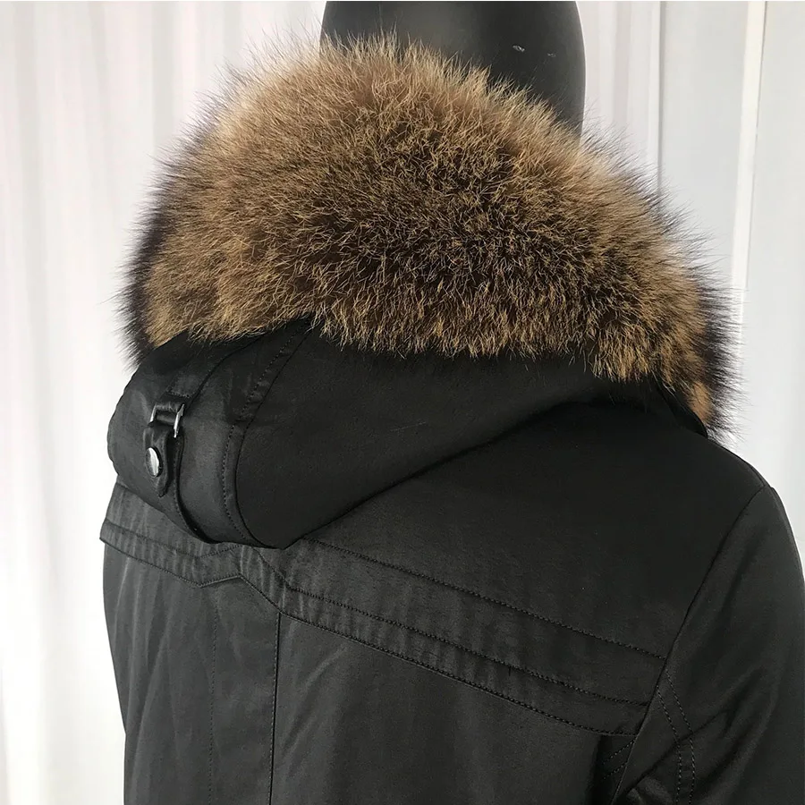 Casaco de pele destacável masculino gola de pele de caccoon real forro de pele de coelho jaqueta quente longo à prova de vento moda parkas com pele real