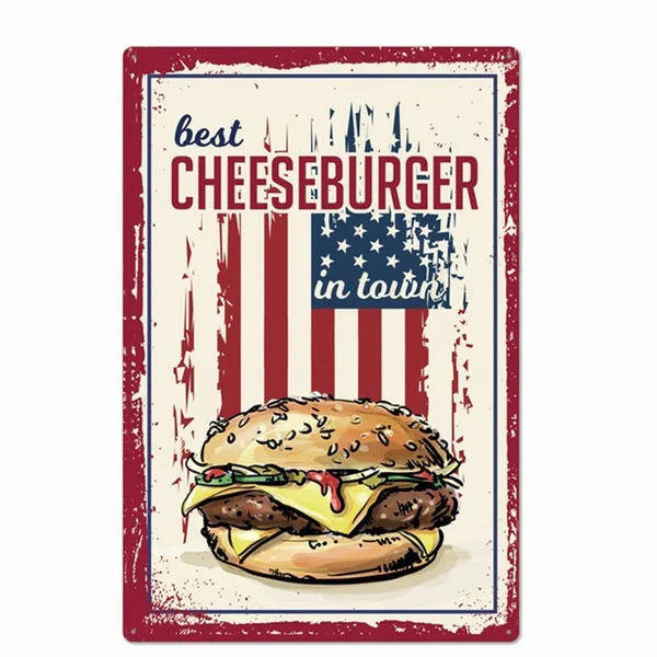 

Vintage Best Cheeseburger in Town Metal Tin Sign 8x12 Inch Retro Home Kitchen Bar Pub Wall Decor