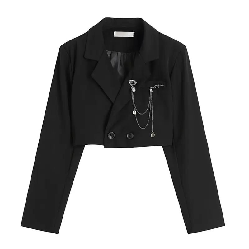 

Women Punk Gothic Cropped Blazer with Metal Chain Harajuku Design Streetwear Chic Patchwork Suit Office Lady Commute Short Coat