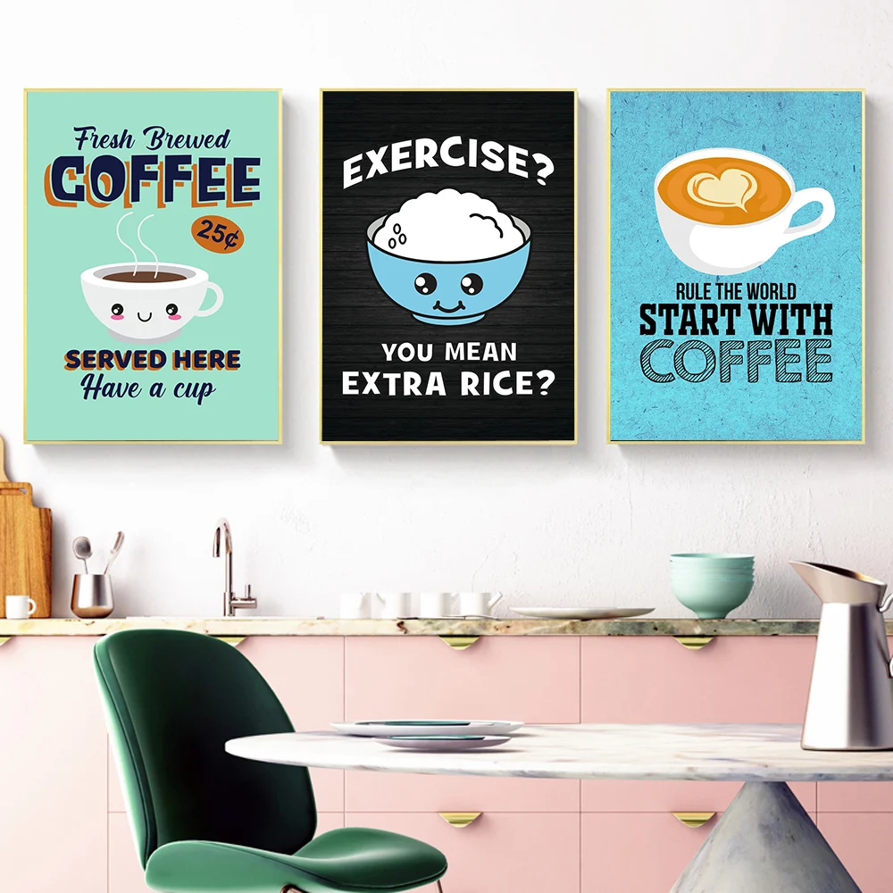 Retro Kitchen Poster and Print Coffee Exercise Extra Rice Canvas Painting Funny Vintage Wall Pictures for Living Room Home Decor