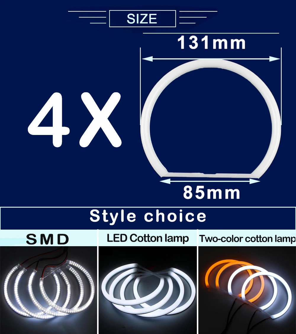 1 set white+yellow Cotton light angel eyes halo ring kits for BMW E36 E38 E39 E46 Sedan Coupe Touring Cabrio projector 4x131mm