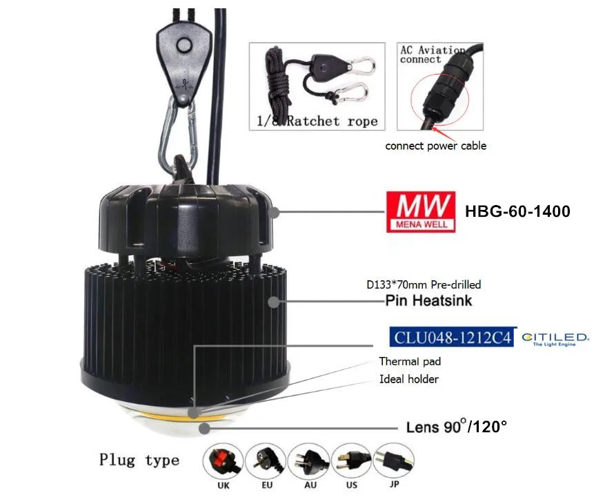 CREE-lámpara LED COB de espectro completo, luz blanca con controlador Meanwell, CXB3590/Citizen Clu048 1212c4, HBG-60-1400