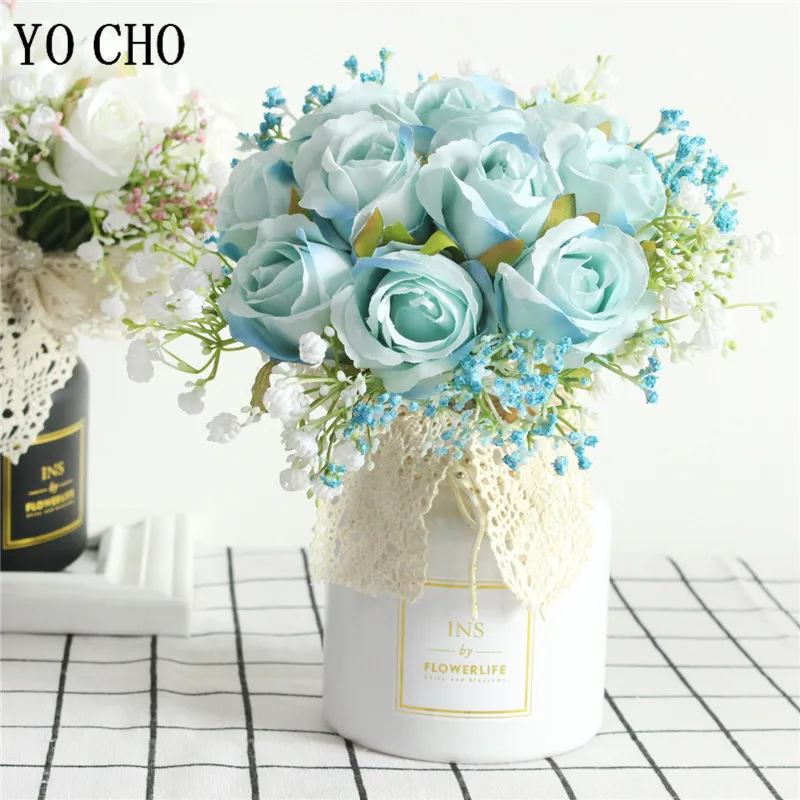 YO CHO Bouquet Bride Wedding Flower Bouquet Artificial Silk Rose Fake Babys Breath Pink Bridesmaid Hold Flower Wedding Supplies