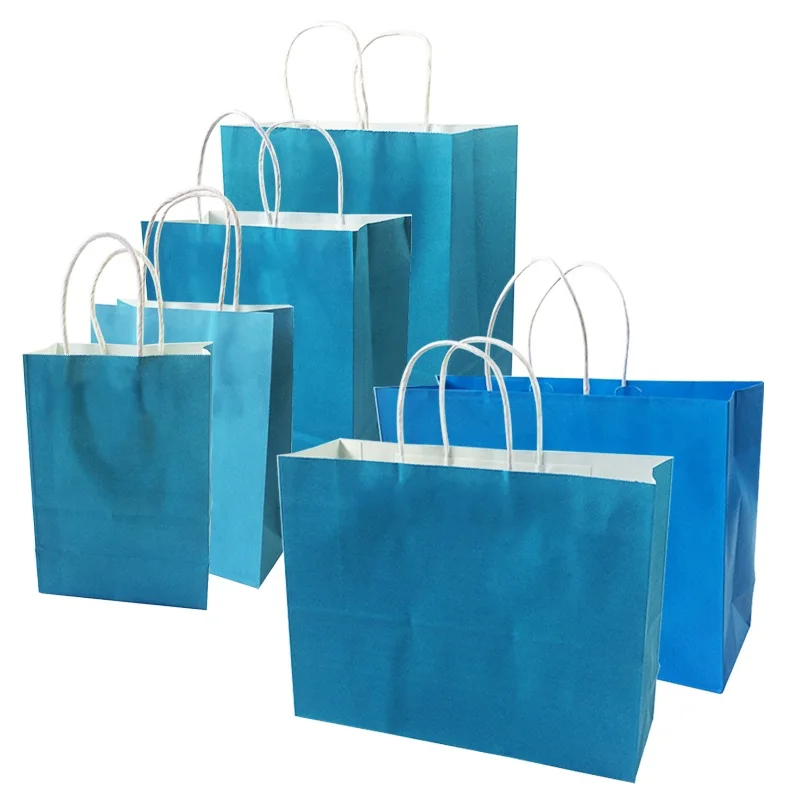 10 Pcs/lot Festival Gift Kraft Bag Blue Shopping Bags DIY Multifunction Recyclable Paper Bag With Handles 4 Size Optional