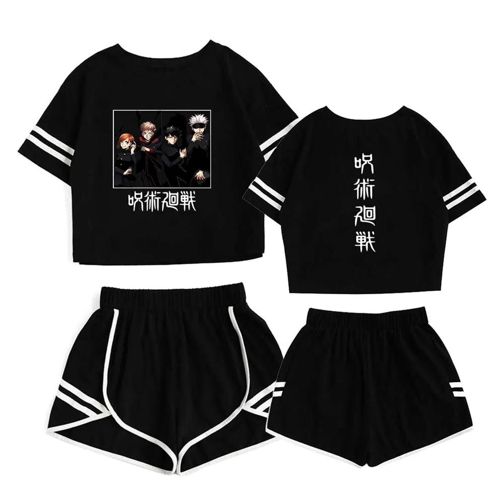 Gojo Satoru Short Suit Cosplay Jujutsu Kaisen Anime 2 Piece Outfits Female Streetwear Sportswear Japanese Crop-top Set Summer