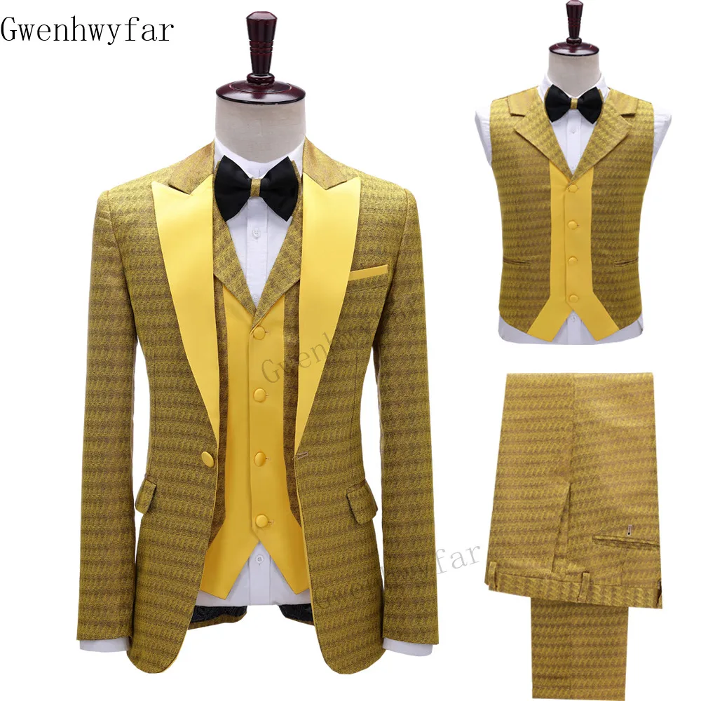 

Gwenhwyfar Elegant Yellow Male Suits Slim Fit Party Groomsmen Wedding Tuxedo For Men Formal Prom （Jacket+Pants+Vest）G1033