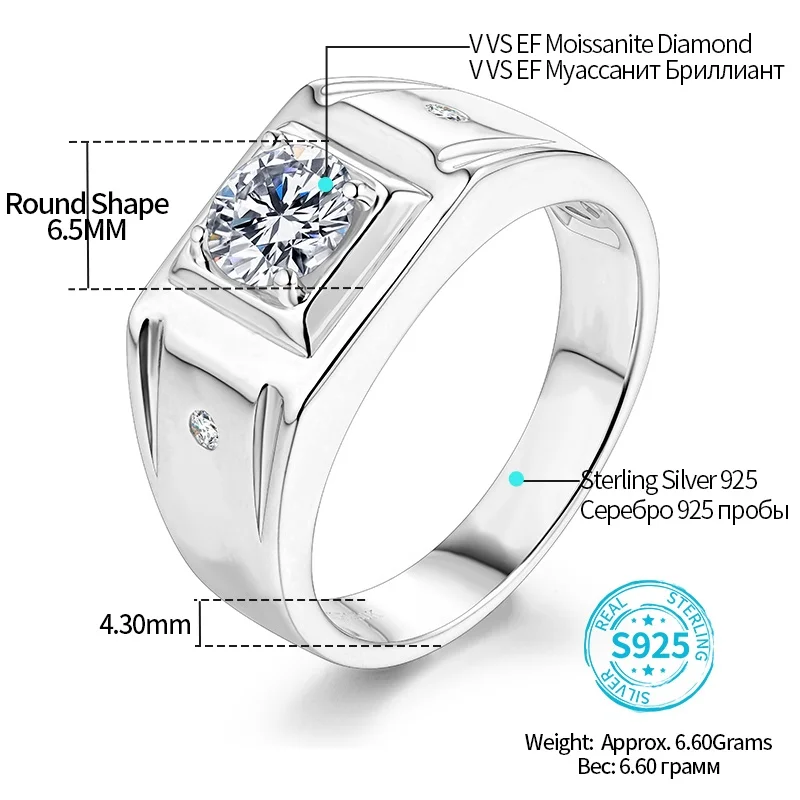 ATTAGEMS 1CT D Color 6.5mm Moissanite Diamond Men Ring Design Men Ring 100% 925 Sterling Silver Party Ring Father\'s Day Gift