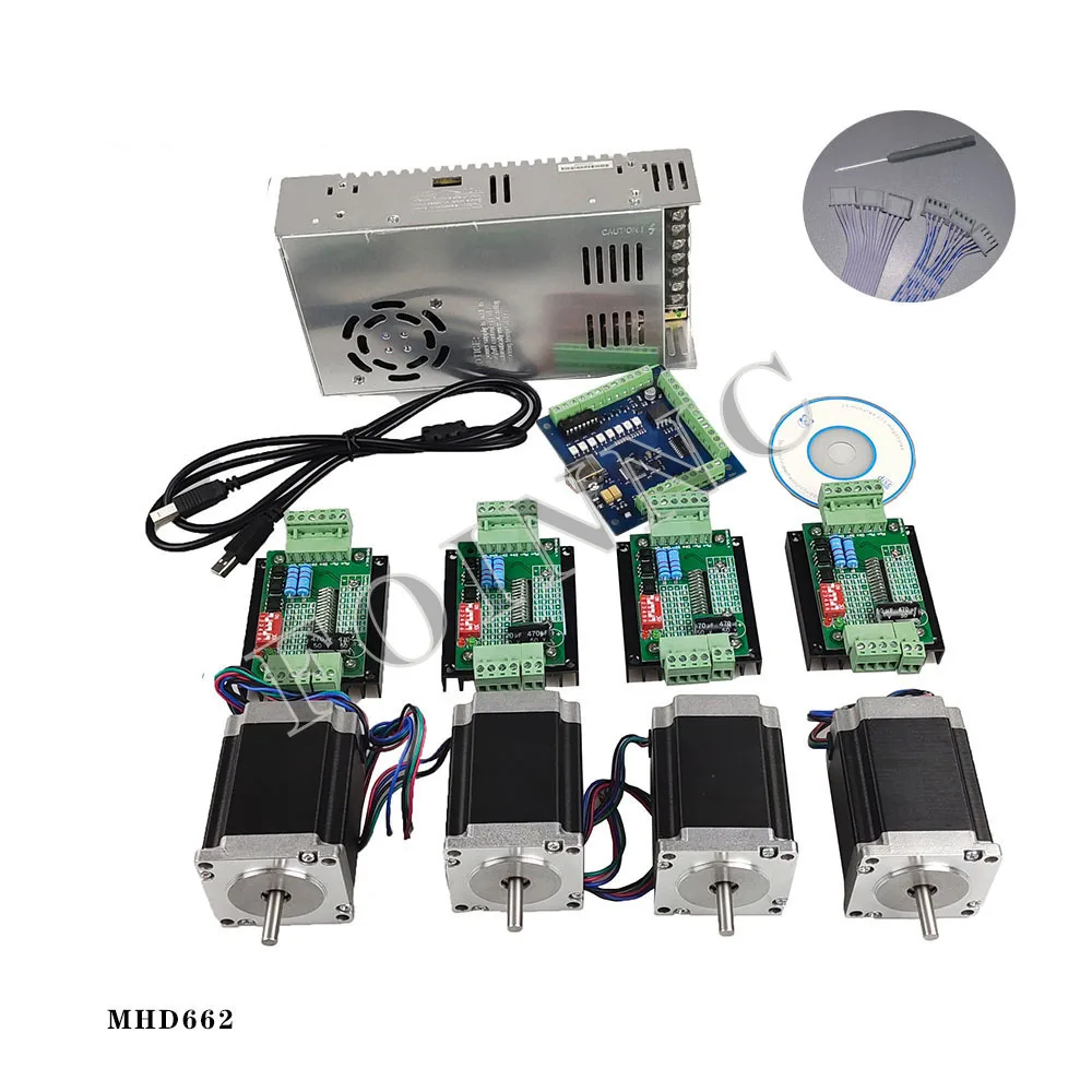 Juego de controladores CNC, 4 ejes, 4 TB6600, controlador de motor paso a paso, Nema23, fuente de alimentación, línea de señal,