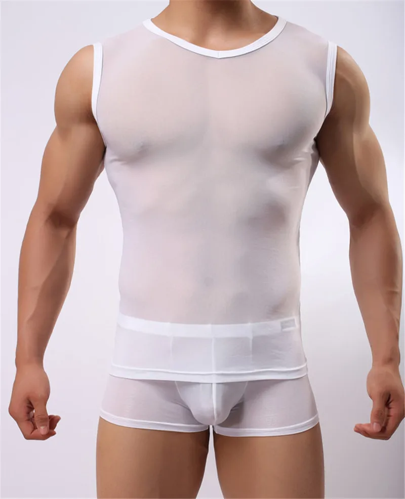 Mannen Sexy Gym Spier See-Through Ondergoed T-Shirt Mouwloos Mesh Top Hemd Nachtkleding