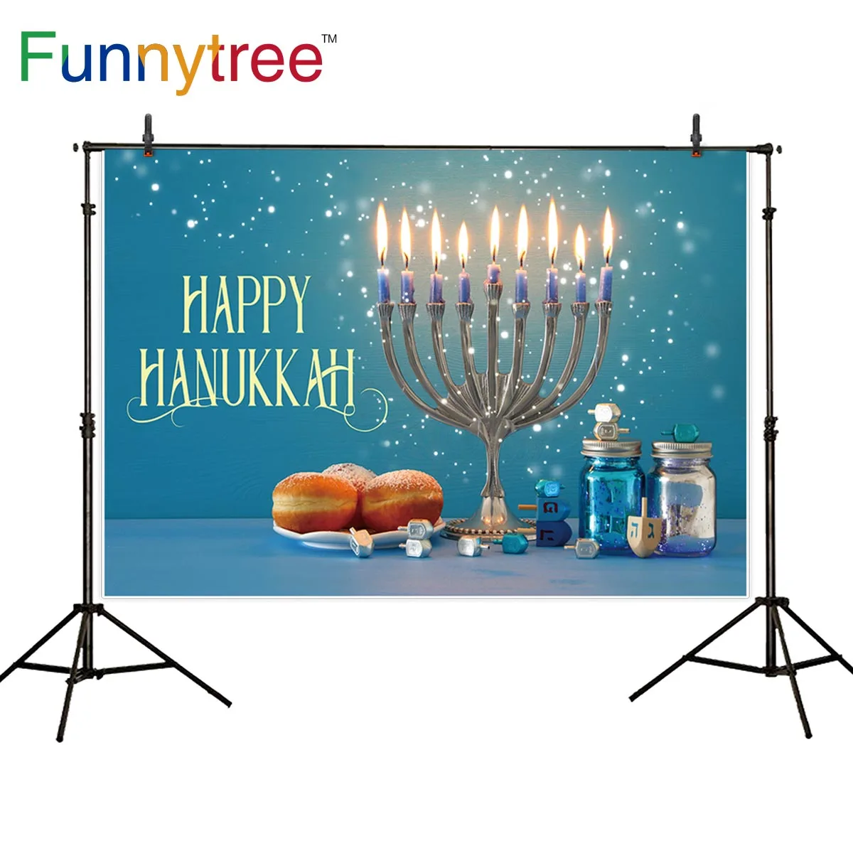 Funnytree photography studio Happy Hanukkah blue candle cake gift bokeh Carnival party background party photocall photophone