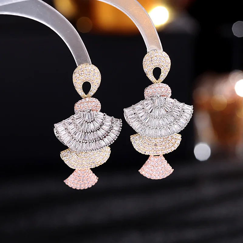 FXLRY High Quality Fashion Cubic Zirconia Three-dimensional Gradient Pink Fan-shaped Earrings For Women Wedding Jewelry