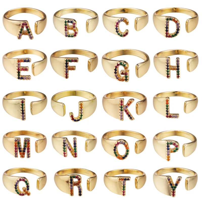 Juya Drop Shipping 18K Real Gold Plated Open Adjustable Initial Letter Rings For Women Men Rainbow Crystals Jewelry Supplies