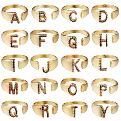 Juya Drop Shipping 18K Real Gold Plated Open Adjustable Initial Letter Rings For Women Men Rainbow Crystals Jewelry Supplies