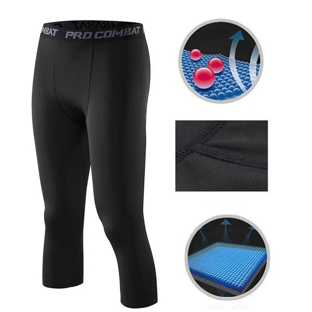 3/4 Cropped Pants Men\'s Sports Compression Tight Leggings Running Sports Joggings Elastic Compressions Sweatpant Fitness Pants