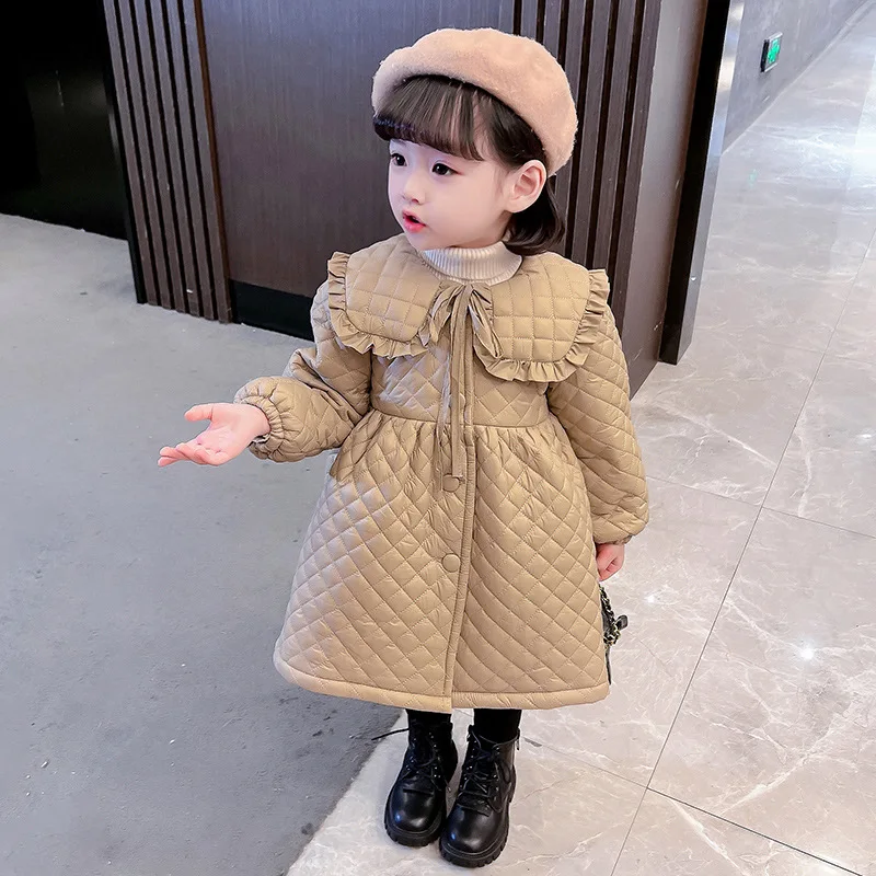 Autumn Winter Girls Coat Sweet Peter Pan Collar Quilted Cotton Velvet Warm Jacket 2-7 Years Baby Kids Overcoat