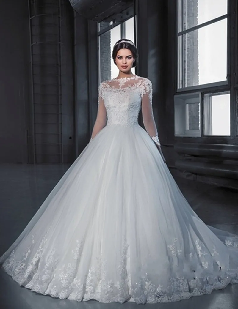 

Bright Sequin Lace Ball Gown Wedding Dresses New Full Sleeve Embroidery Appliques Court Train Bridal Wedding Gowns