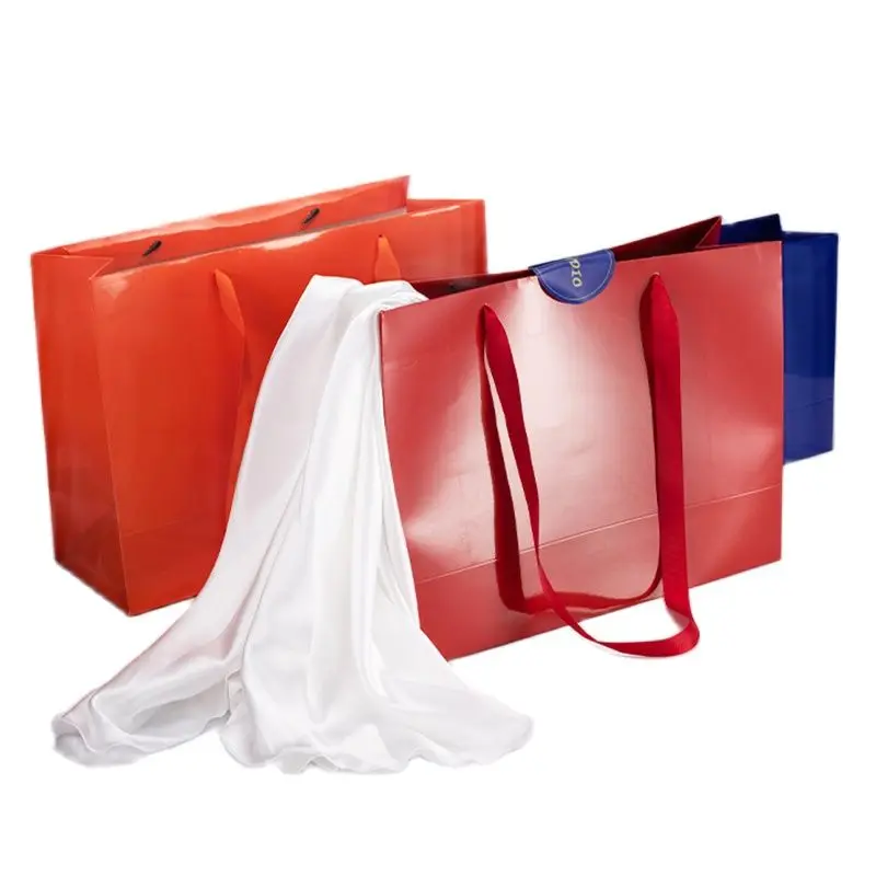 Horizontal Bag Glossy Lamination Solid Paper Bag, Long Handle Bag, Durable Christmas New Year Gift, Cosmetic Cloth Boutique Shop