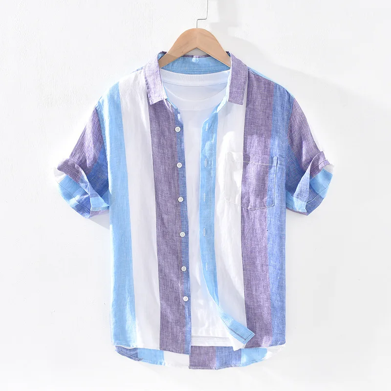 1709 Men Summer Fashion Japan Style Bright Color Striped Short Sleeve Single Breasted Casual Pure Linen High Quality Shirts Male