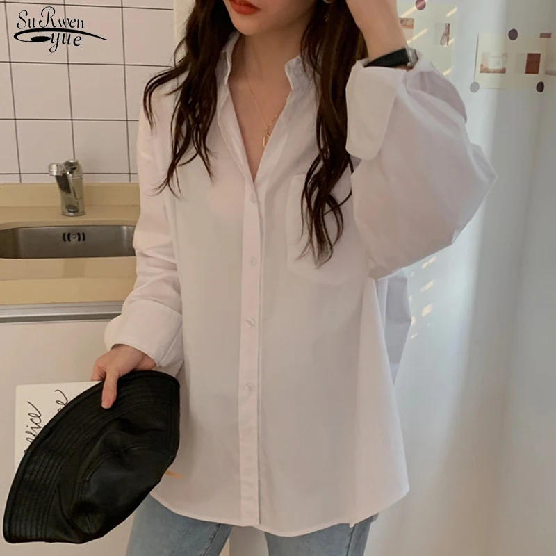 

Long Sleeve Casual Plus Size Clothing for Women Korean Loose Office Lady White Shirt Pocket Button Up Lapel Tops Blusas 12729