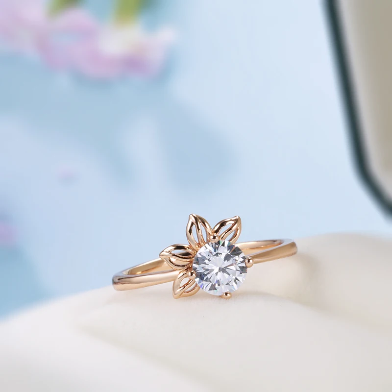 SYOUJYO Simple Crystal Flower Bride Wedding Women\'s Ring 585 Rose Gold Color Natural Zircon Easy Matching Romantic Gift For Girl