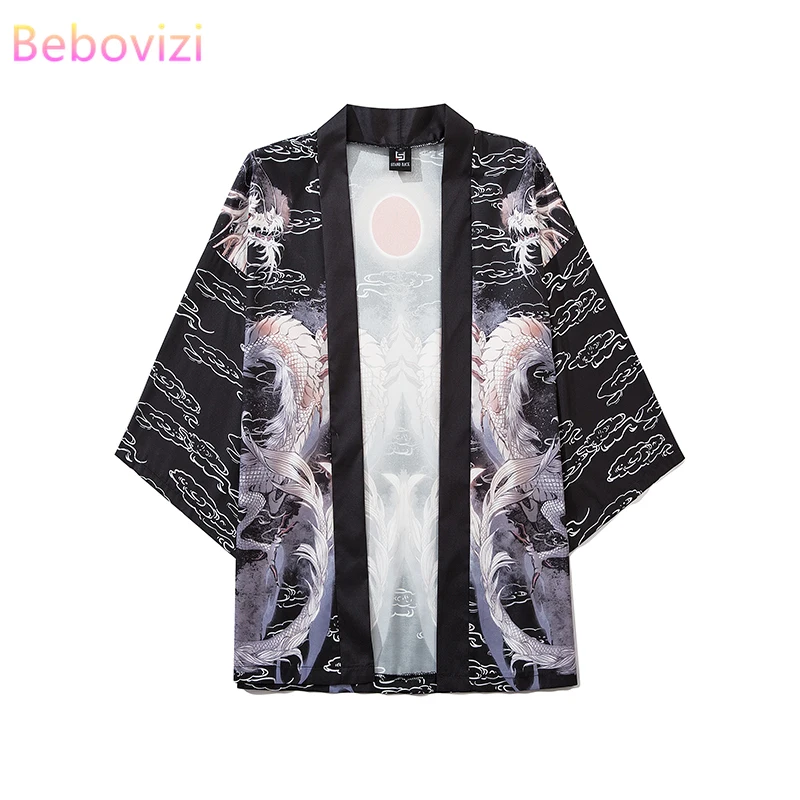 

Bebovizi Loose Fashion Dragon Black Summer Beach Cardigan Harajuku Japanese Kimono Style Women Men Tops Shirts Asian Clothes