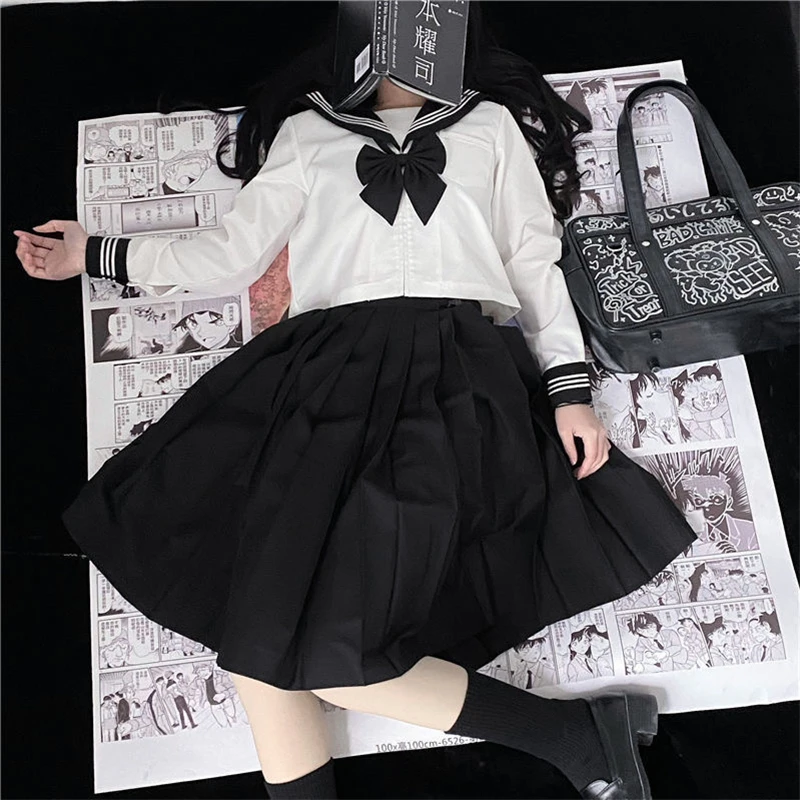 Women Bad Girls Three Lines Basic Black JK Uniform Suit Female School Uniform Sailor Uniform Suit Genuine Japanese Spring Autumn