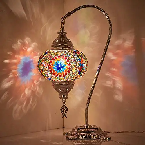 

(30 Colors) LaModaHome 2019 English Moroccan Mosaic Table Lamp with US Plug & Socket, swan Neck Handmade Desk Bedside Table Nigh