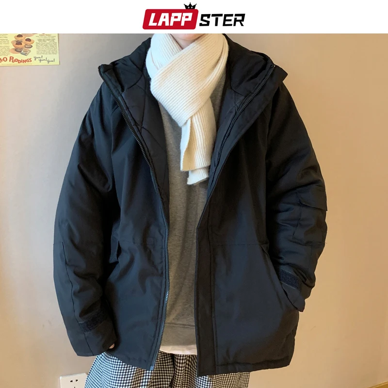 LAPPSTER-Chaqueta de plumas Vintage para hombre, ropa de calle japonesa, parka con capucha, moda coreana, color sólido, Harajuku, invierno, 2023