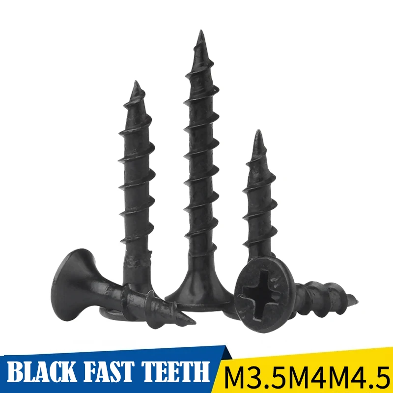 Black Fast Thread Screw Carbon Steel Drywall Nail Gypsum Board Nail Cross Countersunk Head Self-tapping Wood Screws M4*16-70mm