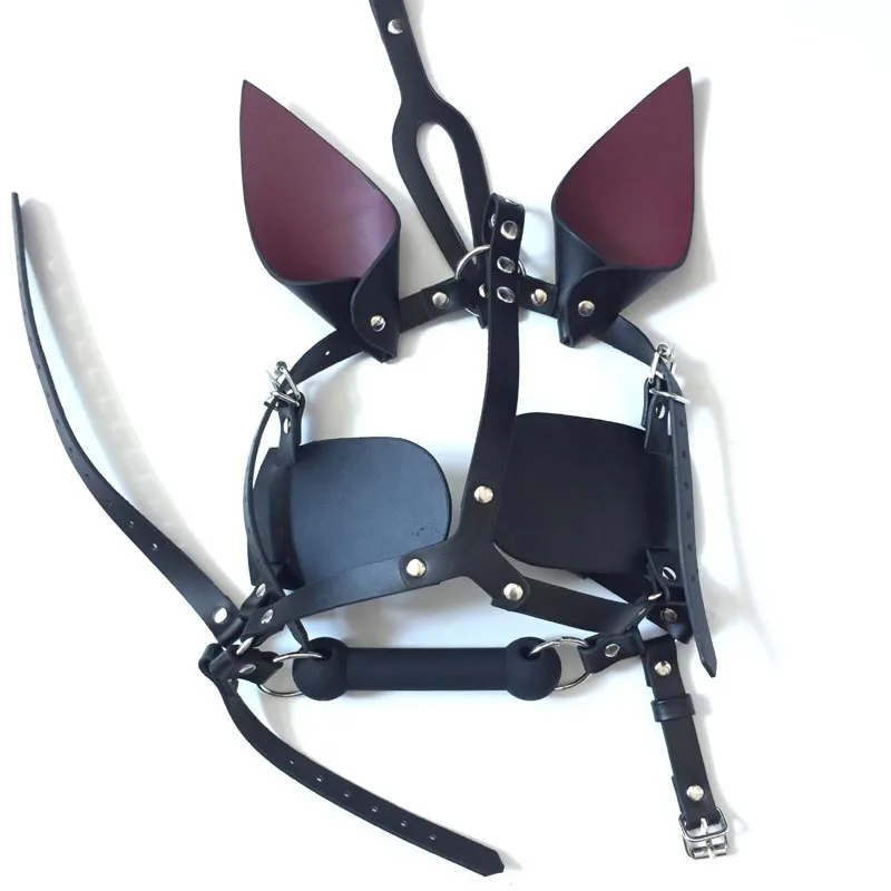 Quality Faux Leather Pony Girl Harness Head Piece with Ears Eye Shade Bit Gag Fetish Pet Cosplay Costume