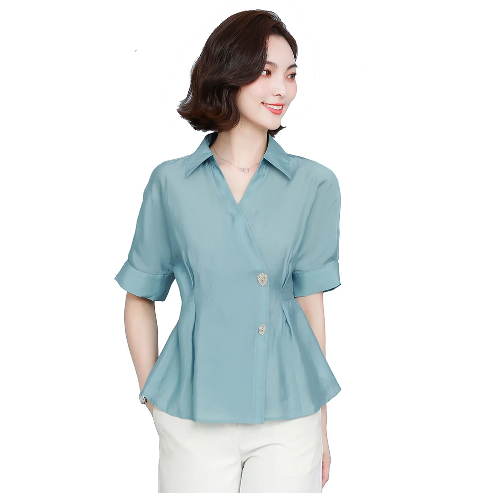 2021 Woman Summer French Elegant Style Good-Quality Solid Color Buttons Short Sleeve Bloue