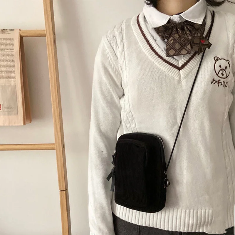 Torebki Crossbody kobiety Mini Flap sztruks zamek błyskawiczny Harajuku telefon torebka studenci codzienna torba na ramię Chic koreański Ins