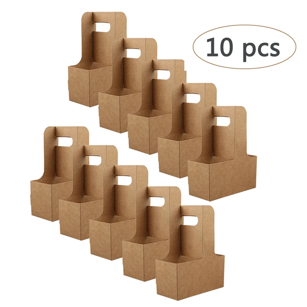 10pcs/set Take-out Kraft Paper Cup Holder Clip Disposable Coffee Drink Tray Base with Handle for 2 cup for Coffee shop Wholesale