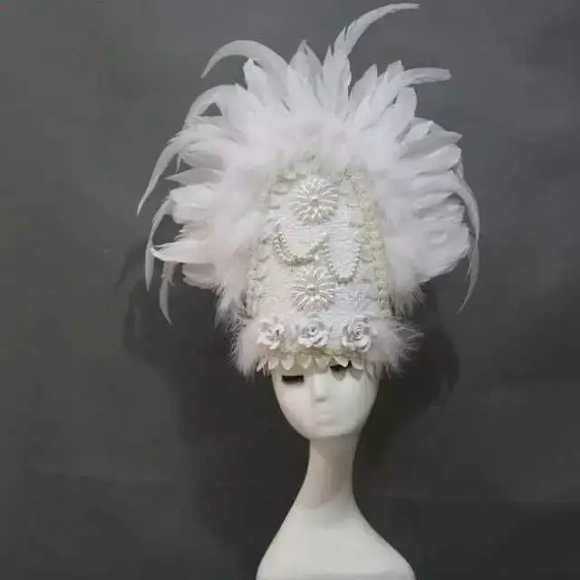 White Feather Performance Costume Headwear Dress Headpiece Cloak Wedding Bride Photography Prop