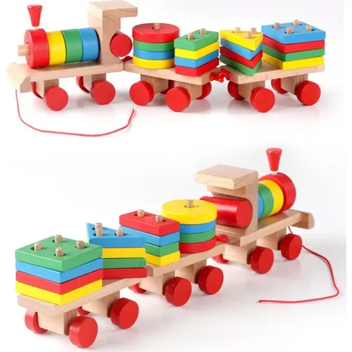 Juguetes de madera trenes pequeños de tres formas/bebé juguete de madera tren geométrico educativo