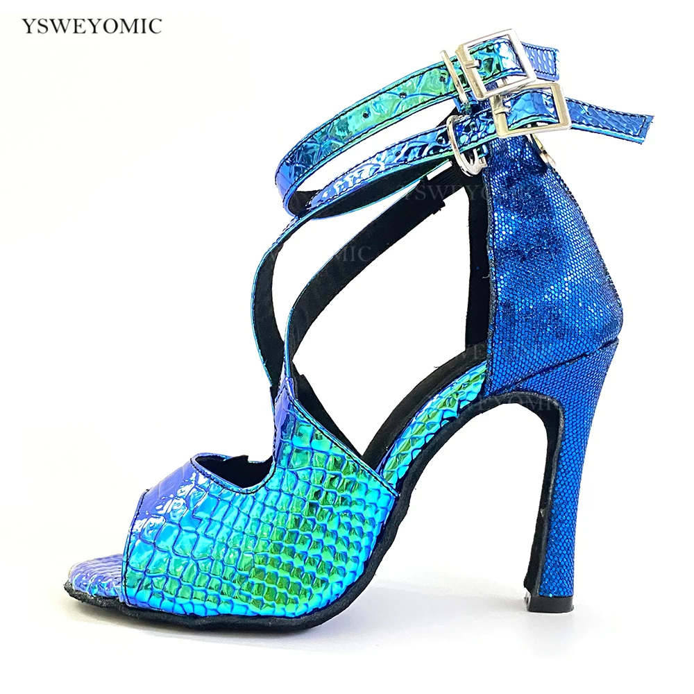 YSWEYOMIC Latin Salsa Dance Shoes 10cm Cuban Heel Blue Laser PU and Glitter Blue Latin Women Salsa Shoes Party Dance Shoes