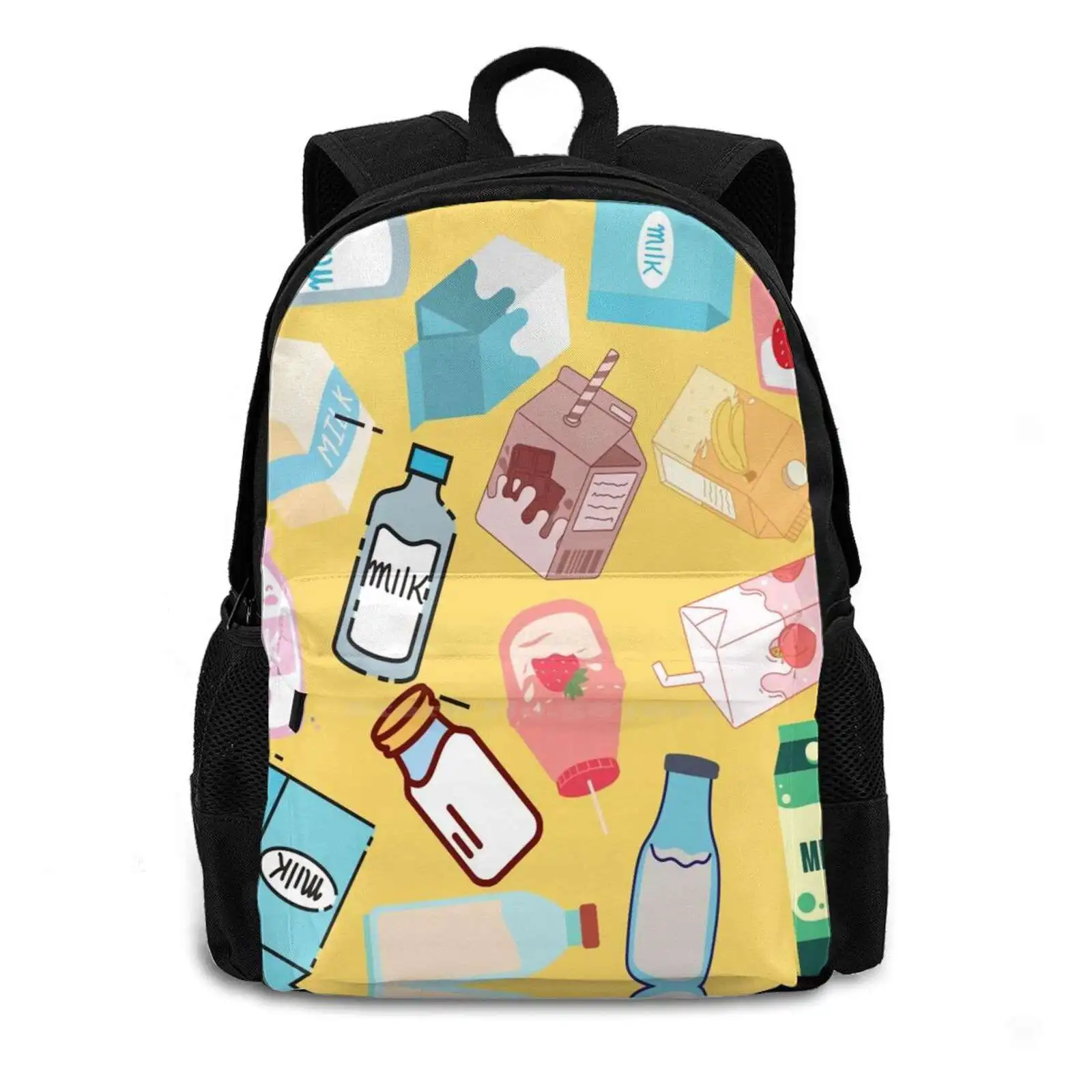 Milk Design ( Yellow ) School Bag Big Capacity Backpack Laptop White Cute Simple Yummy Sweet Tasty Adorable Strawberry Milk