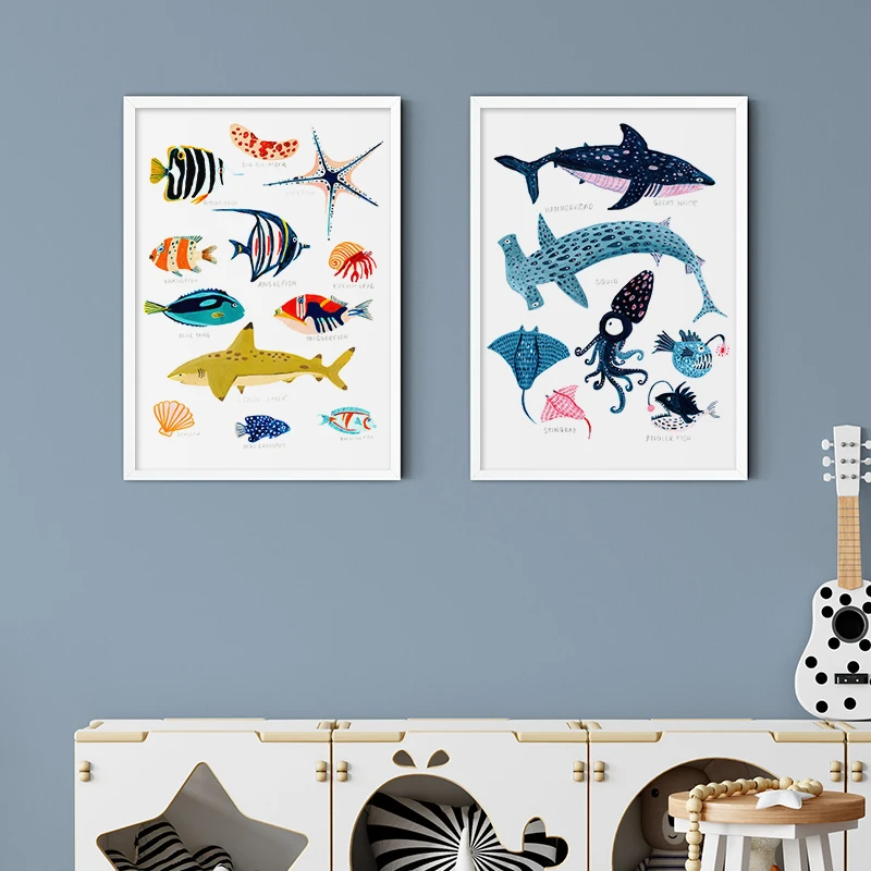 Modern Poster Sea Creature Kind Education Wall Art Canvas Painting Natural Picture for Kids Room Nursery Home Wall Decor
