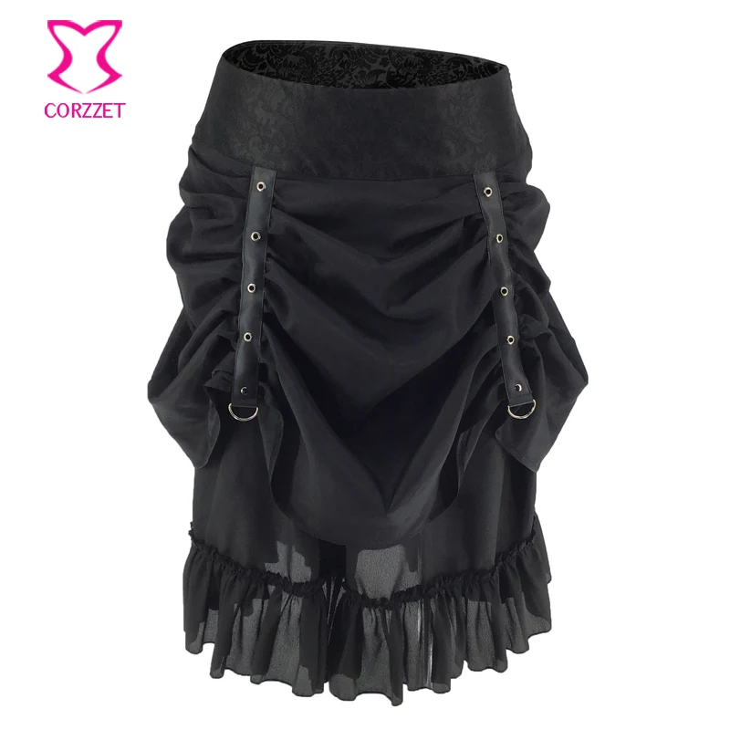 

Hot Sexy Low Waist Asymmetrical Ruffles Long Black Steampunk Skirt Victorian Gothic Clothing Medieval Vintage Skirts For Women