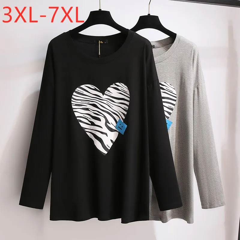 

New Spring Autumn Plus Size Tops For Women Large Loose Pullover Long sleeve Black Gray Print Cotton T-shirt 7XL