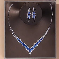 TREAZY Elegant Blue Rhinestone Crystal Wedding Bridal Jewelry Set for Women Silver Plated V Shape Choker Necklace Earrings Set