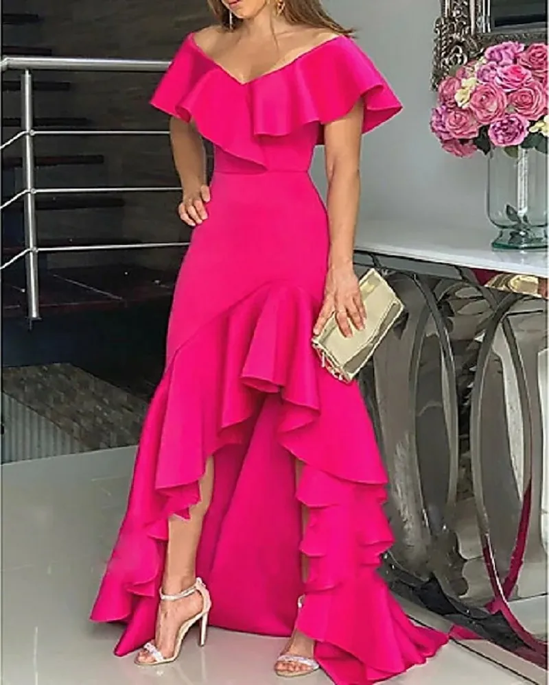 Fuchsia Mermaid Asymmetrische Avondjurk 2021 Off Shoulder Ruches Split Prom Party Gown Vestidos Robe De Soiree