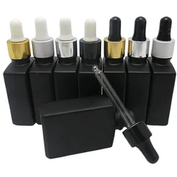 12 x 30ml Empty Frost Black Square Flat  Glass Bottles With Aluminum Dropper  1oz Glass Dropper Container for E liquid