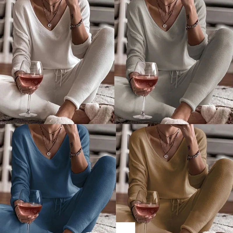 

Women's Pajamas Autumn Winter Sleepwear Solid Color V-Neck Long-Sleeved Trousers Two-Piece Slim Stretch Female's Homewear