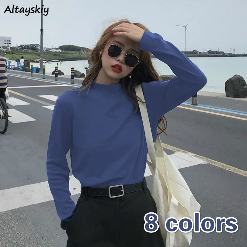 Tee Women Female Solid O-Neck Long Sleeve Leisure T-shirt for Lady Ins New Slim 8  Color Basic Spring Top Korean All-match